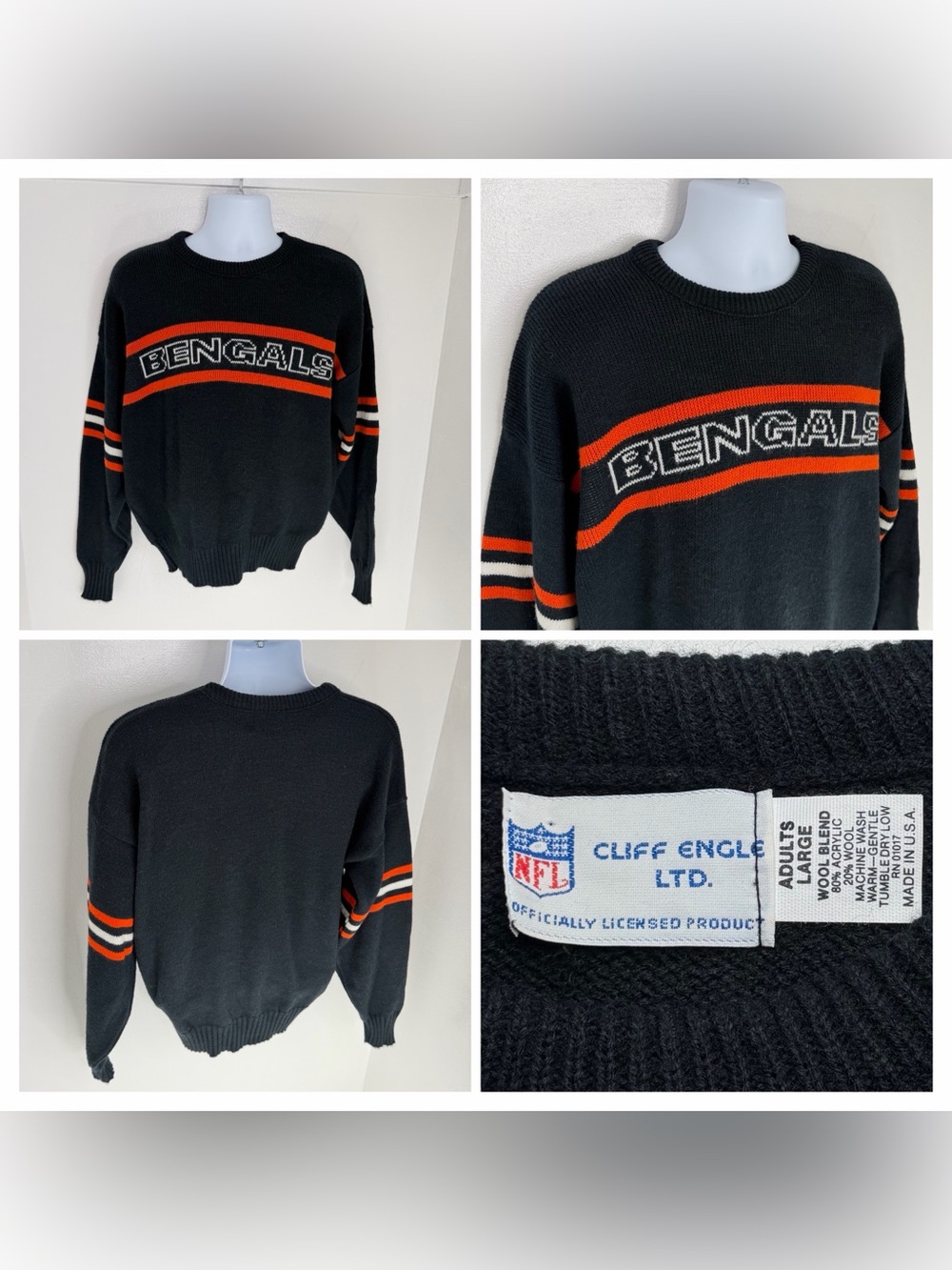 Vintage Cliff Engle Cincinnati Bengals Wool Blend Sweater Size Large 80s 90s USA